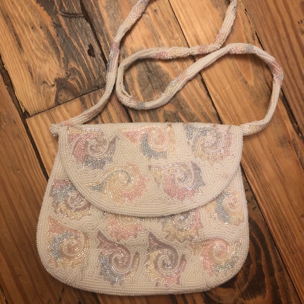 Vintage Walborg Pastel Beaded shoulder or crossbody purse cream pink and blue